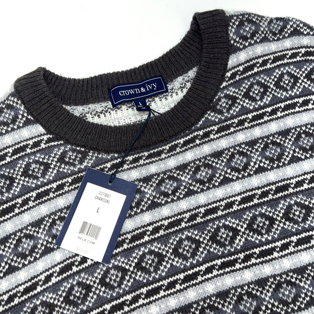 Crown & Ivy Crew Neck Nylon Cotton Wool Sweater Mens L Gray Stripe NWT $65